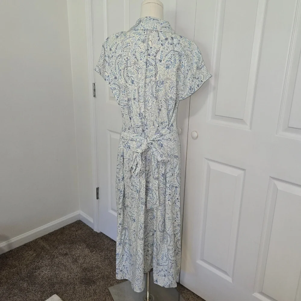 Lucky Brand Maxi Dress Womens 1X Blue Paisley Linen Blend Button Front Tie Waist - Picture 2 of 8